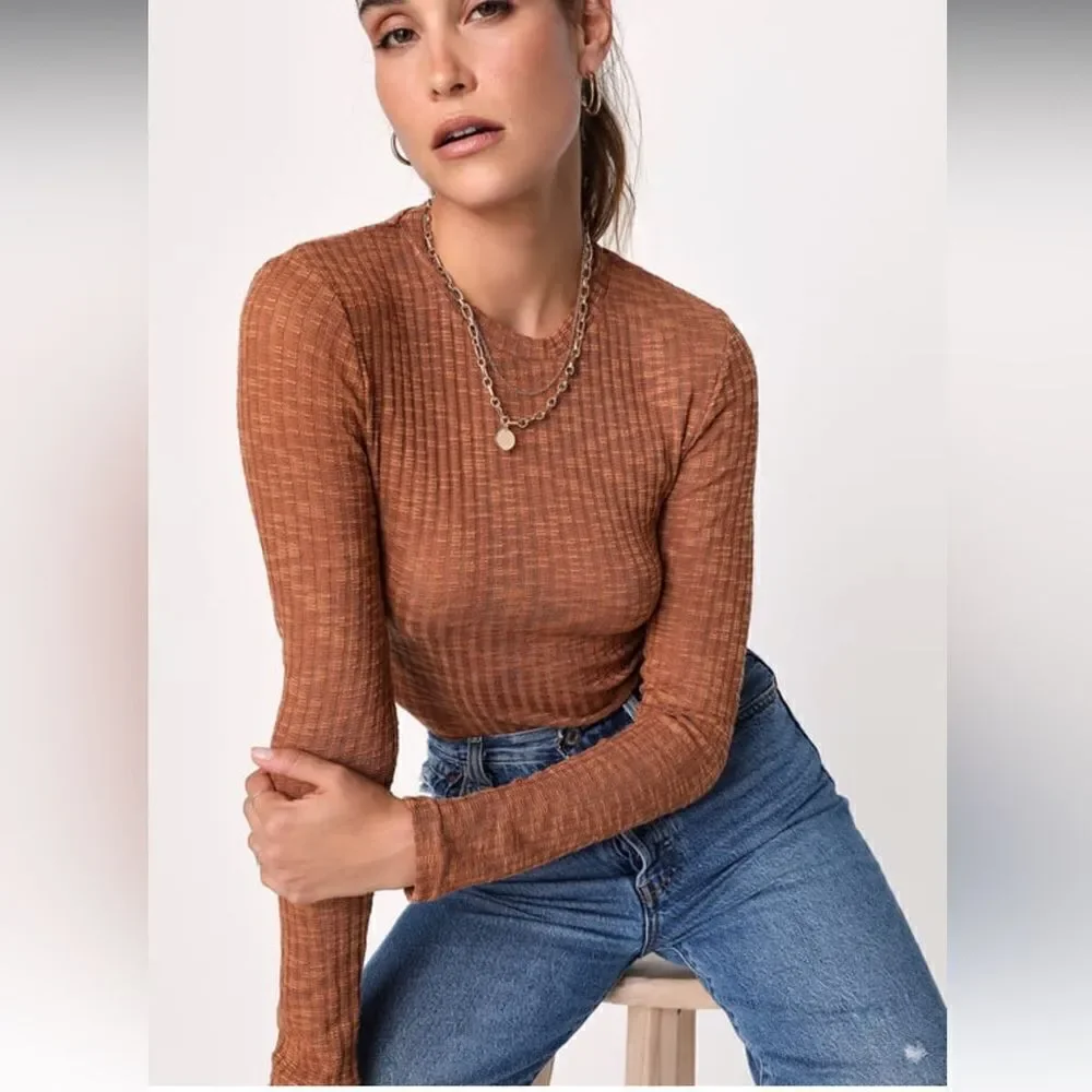 NWT Free People Brown Ribbed Knit Long Sleeve Layering Top M
